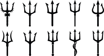 Trident silhouette collection, Neptune and Poseidon spear icons, mythological weapon designs for fantasy themes, heraldry, logos, decorative vector set