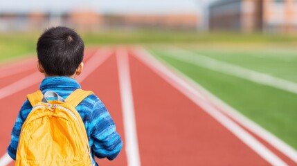 Child walks on a track field towards the finish line at school during daytime