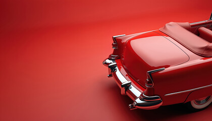 Naklejka premium Red retro convertible car rear view. Classic automobile with chrome details on plain red background. Luxury vehicle, automotive design element.