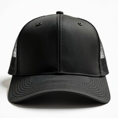 Fototapeta premium Plain black trucker cap with mesh back isolated on white. This hat is perfect for custom branding, logos, or advertising. A versatile accessory for any casual outfit.