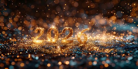 Panoramic view of the glittering 2026 numbers with bokeh lights