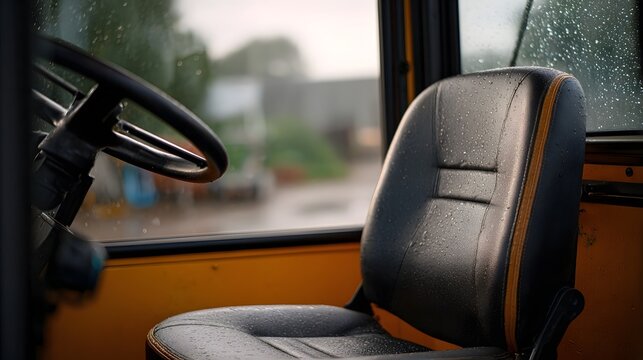 Empty driver s seat in a yellow industrial vehicle cab during a rain shower