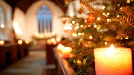 Christmas candles shine near a decorated tree in a church setting