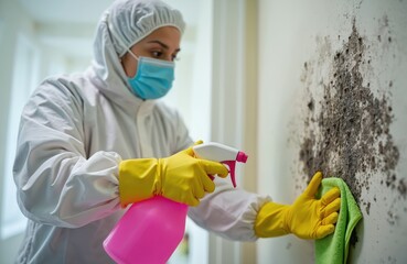 Worker eliminates mold from wall with spray. Person in protective suit scrubs mildew at home with cloth and chemicals. Concept of pro mold remediation and cleaning services against fungal infection.