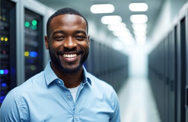 Smiling African American IT specialist poses in modern data center aisle. Server racks with blinking lights surround him. Professional man looks happy working with tech.