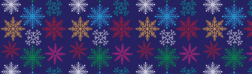 Colorful Snowflake Winter Pattern on Dark Background for Christmas wrapping paper, textile prints, greeting cards, digital wallpapers, kids’ holiday projects, and winter-themed branding.