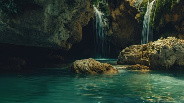 Scenic Natural Waterfall with Rocks and Turquoise Pool in a Cave Setting - Powered by Adobe