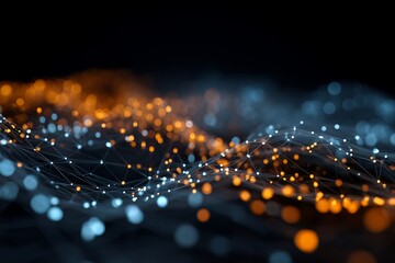 Abstract tech network data connections with orange, blue glowing dots, lines. Artificial intelligence neural network, machine learning, cloud computing concept. Digital transformation strategies