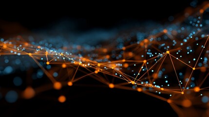 Abstract tech network data connections with orange, blue glowing dots, lines. Artificial intelligence neural network, machine learning, cloud computing concept. Digital transformation strategies