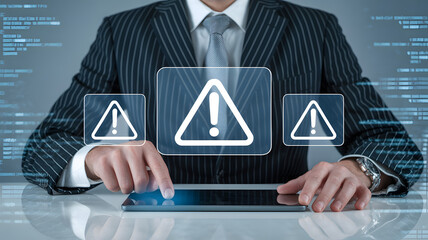 Professional executive manages critical security alerts using a digital tablet in a high tech...