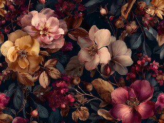 Elegant, chic, vintage wallpaper featuring various dried flowers in warm, muted tones