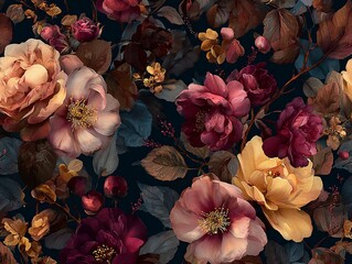 Elegant, chic, vintage wallpaper featuring various dried flowers in warm, muted tones