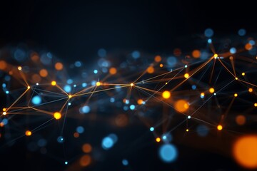 Abstract tech network data connections with orange, blue glowing dots, lines. Artificial intelligence neural network, machine learning, cloud computing concept. Digital transformation strategies