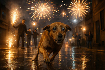 A dog very frightened by the sound of gunpowder