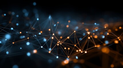 Abstract tech network data connections with orange, blue glowing dots, lines. Artificial intelligence neural network, machine learning, cloud computing concept. Digital transformation strategies