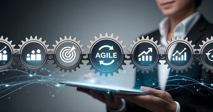 Agile process management illustration showing connected gears, productivity metrics, workflow automation, strategic planning, and adaptive business transformation for modern organizations