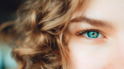 Naklejka premium Close view of a person's eye with curly hair in a bright and clear setting