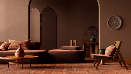 Refined organic modern negative-space layout featuring natural materials, sculptural details, and airy simplicity to create a tranquil, visually harmonious interior. 3D illustration