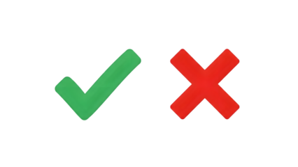Green checkmark and red cross symbols isolated on transparent background