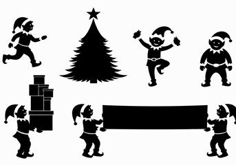 Black silhouettes of Christmas elves, a Christmas tree, and presents, depicting various festive activities.
