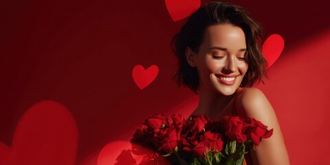 Romantic woman with red roses and heart shapes creates warm Valentine mood