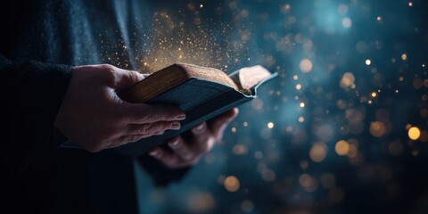 A person holds an old book as golden sparks fly in a magical illuminated moment