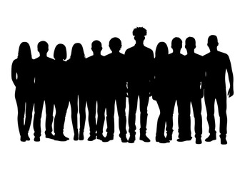 Silhouette of a diverse group of people standing together on a transparent background.