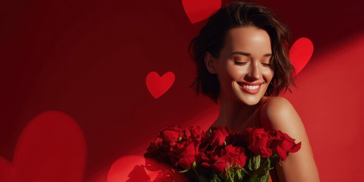 Romantic woman with red roses and heart shapes creates warm Valentine mood - Powered by Adobe