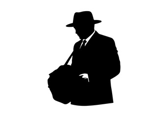 Black silhouette of a man in a fedora hat and suit carrying a duffel bag.