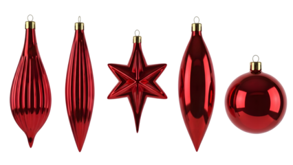 Collection of vibrant red christmas ornaments in various shapes isolated on transparent background