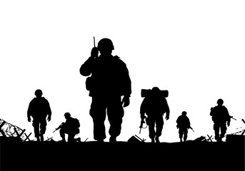 Silhouetted Soldiers Marching On The Battlefield Representing Military Power and Strategy