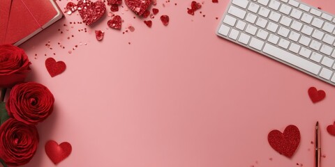 Romantic Valentine desk setup with roses and hearts on pink background and keyboard