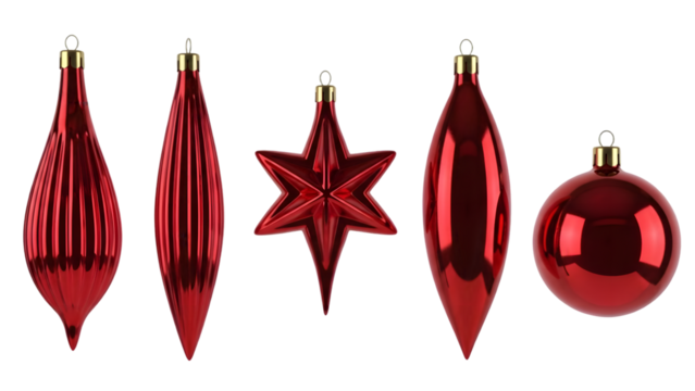 Collection of vibrant red christmas ornaments in various shapes isolated on transparent background - Powered by Adobe