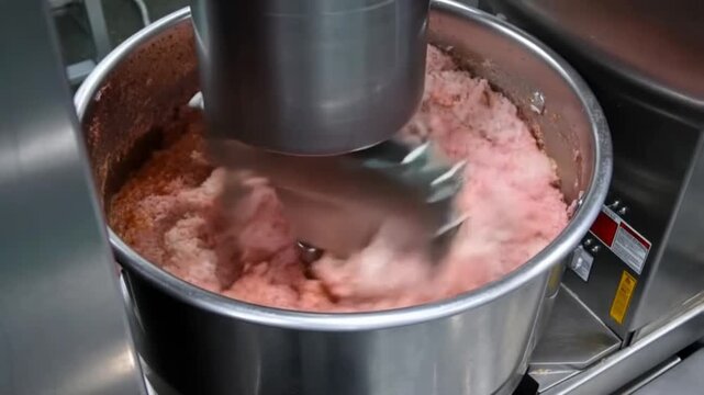 A close-up view of an industrial meat mixer churning raw meat, showcasing food processing Stock Video