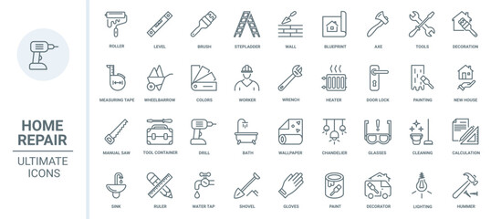 Home repair and decoration thin line icons set vector illustration. Outline house renovation pictogram collection with wall paint roller, brush and hammer, level and drill tools for builders work