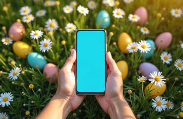 Hands hold modern smartphone with blank turquoise screen. Device placed in, blooming field of white daisies, vibrant green grass. Many colorful Easter eggs scattered around. Celebrating spring,