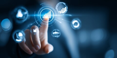 Digital Consulting Interface with Hand Reaching for Icons Representing Data Analysis, Strategy, and Business Growth in Blue Background