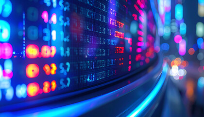 Market Insights: A close-up view of an electronic stock market ticker, a dynamic display of financial data. The scene, bathed in a vibrant spectrum of colors.