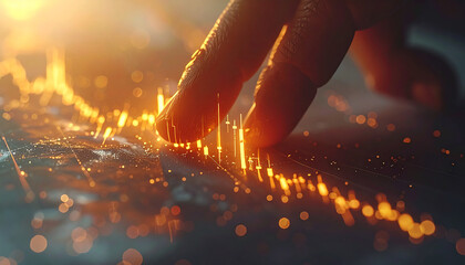 Touching Technology: A close-up shot of a hand gently interacting with a digital display, highlighting technology