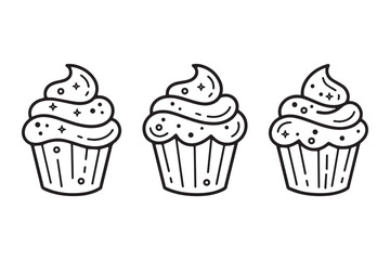 Cupcake Line Art Vector Set with Frosting and Decorative Toppings for Bakery Dessert and Sweet Food Design