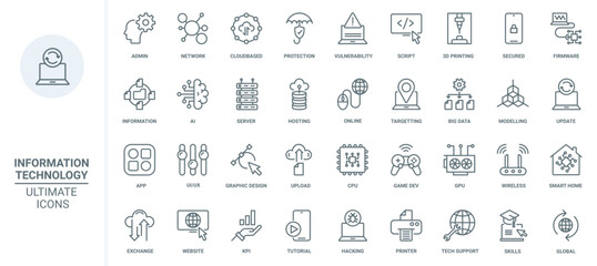 Data technology, information thin line icons set vector illustration. Outline digital protection and online network, 3d printing and modeling, smart home and interface symbols for mobile apps