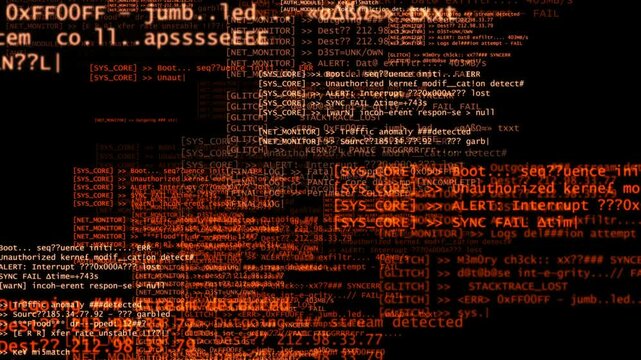 Chaotic red code, system logs, and error messages fill the screen, creating a visual of data breaches, system failures, glitches, and cyber intrusion in a high-pressure digital environment.