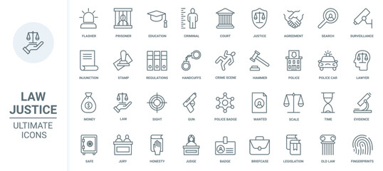 Law and justice thin line icons set vector illustration. Abstract outline legal system badges and symbols, documents for agreement and judgment, judge gavel and injunction, police station and prison