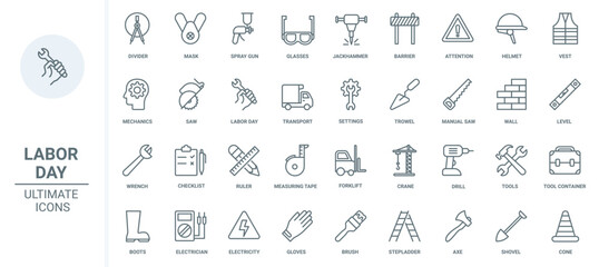 Workers tools in industry thin black line icons set vector illustration. Outline paint brush and wrench, saw and shovel from mechanical repair toolbox, construction crane and drill, road barrier © lembergvector