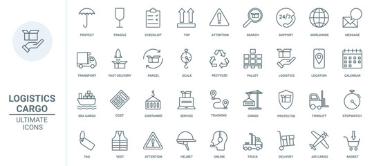 Worldwide delivery support service, logistics and transport thin line icons set vector illustration. Outline truck, ship for fast shipment of freight parcels, crane and forklift, umbrella and shield