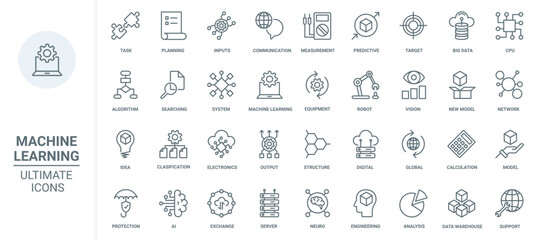 Machine learning, data analysis thin line icons set vector illustration. Outline algorithms and automatic smart processes of AI communication, circuit in digital robot brain, future technology © lembergvector