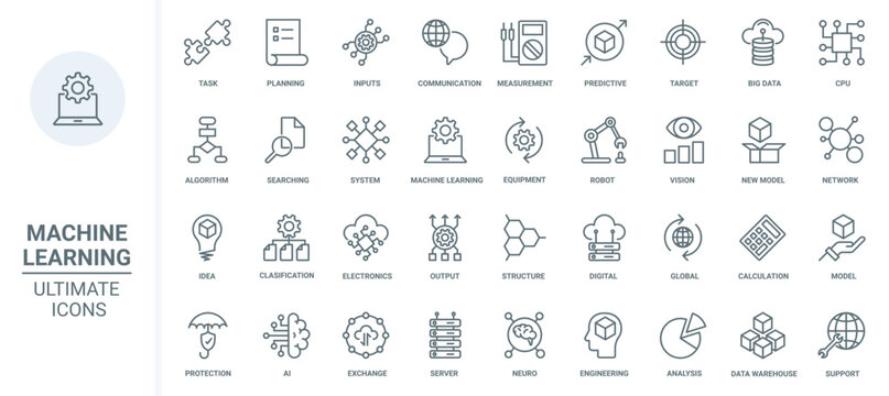 Machine learning, data analysis thin line icons set vector illustration. Outline algorithms and automatic smart processes of AI communication, circuit in digital robot brain, future technology