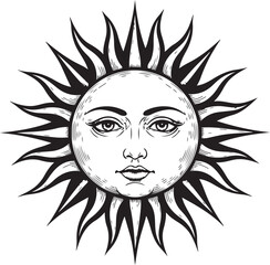 Vintage Sun Face Illustration Hand-Drawn Celestial Vector, Hand-drawn black and white vector illustration of a radiant sun with a serene face,