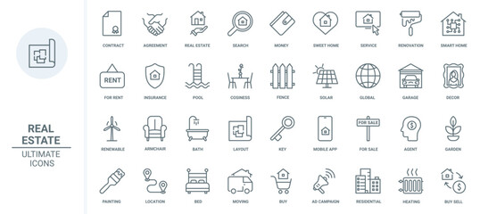 Real estate thin line icons set vector illustration. Outline houses purchase, mortgage agreement and insurance shield, advertising and search of family villa and home apartments for rent and sales