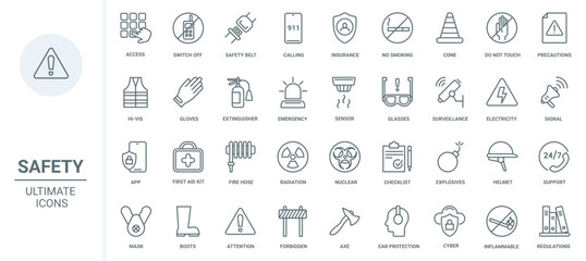 Life safety, insurance thin line icons set vector illustration. Outline warning attention signs about risk of accident, first aid kit and emergency, extinguisher for home fire, surveillance support